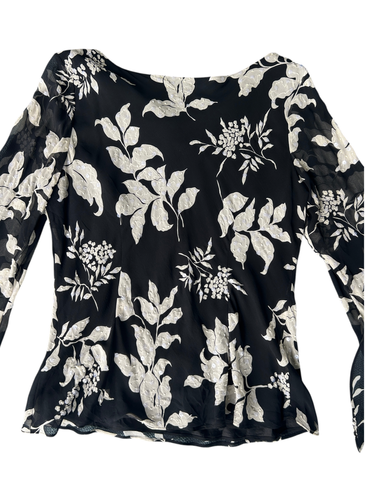 90s Black & White Silk Floral Sequin Beaded Bell-Sleeve Top (XL)