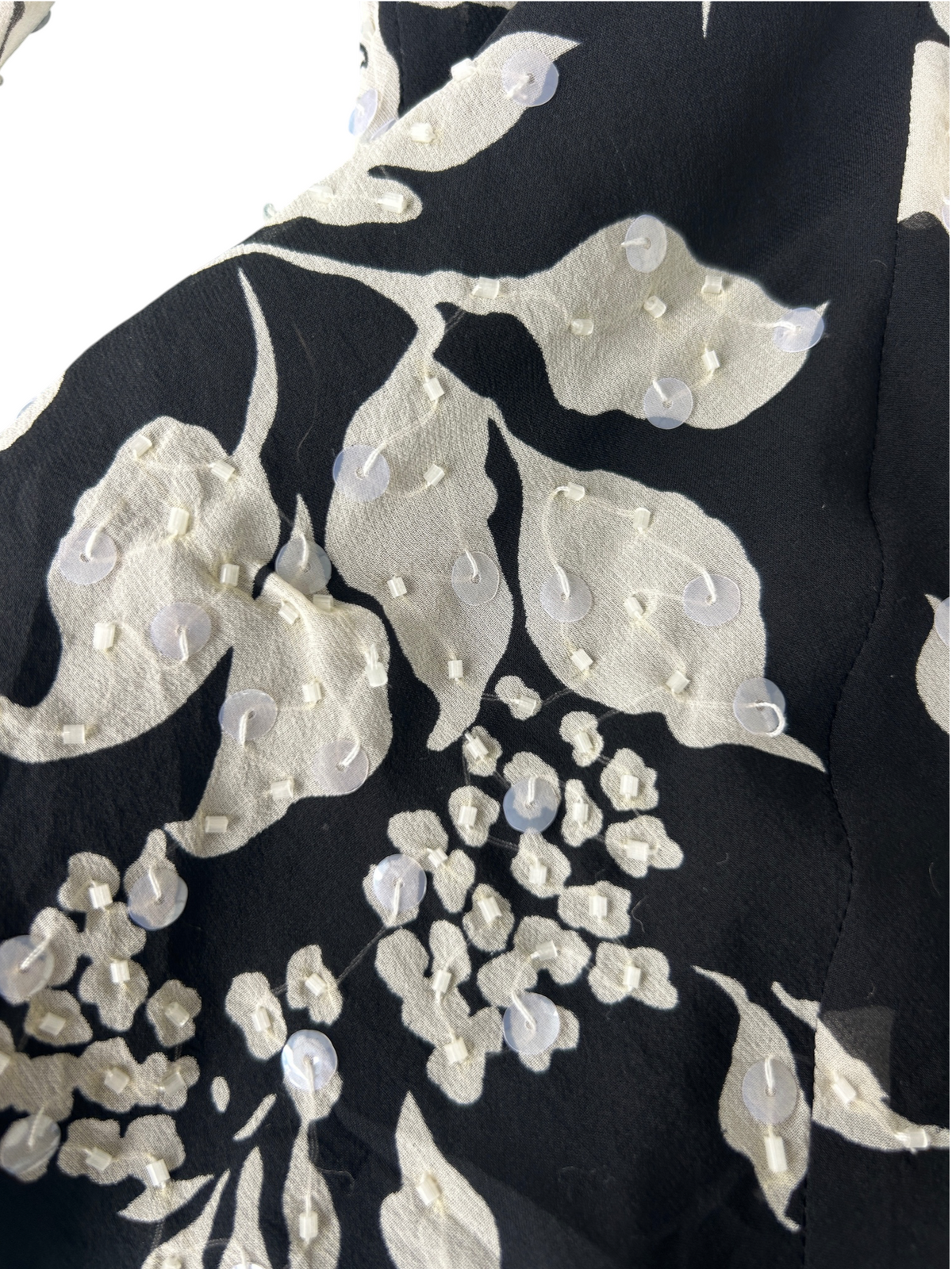 90s Black & White Silk Floral Sequin Beaded Bell-Sleeve Top (XL)