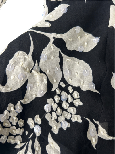 90s Black & White Silk Floral Sequin Beaded Bell-Sleeve Top (XL)