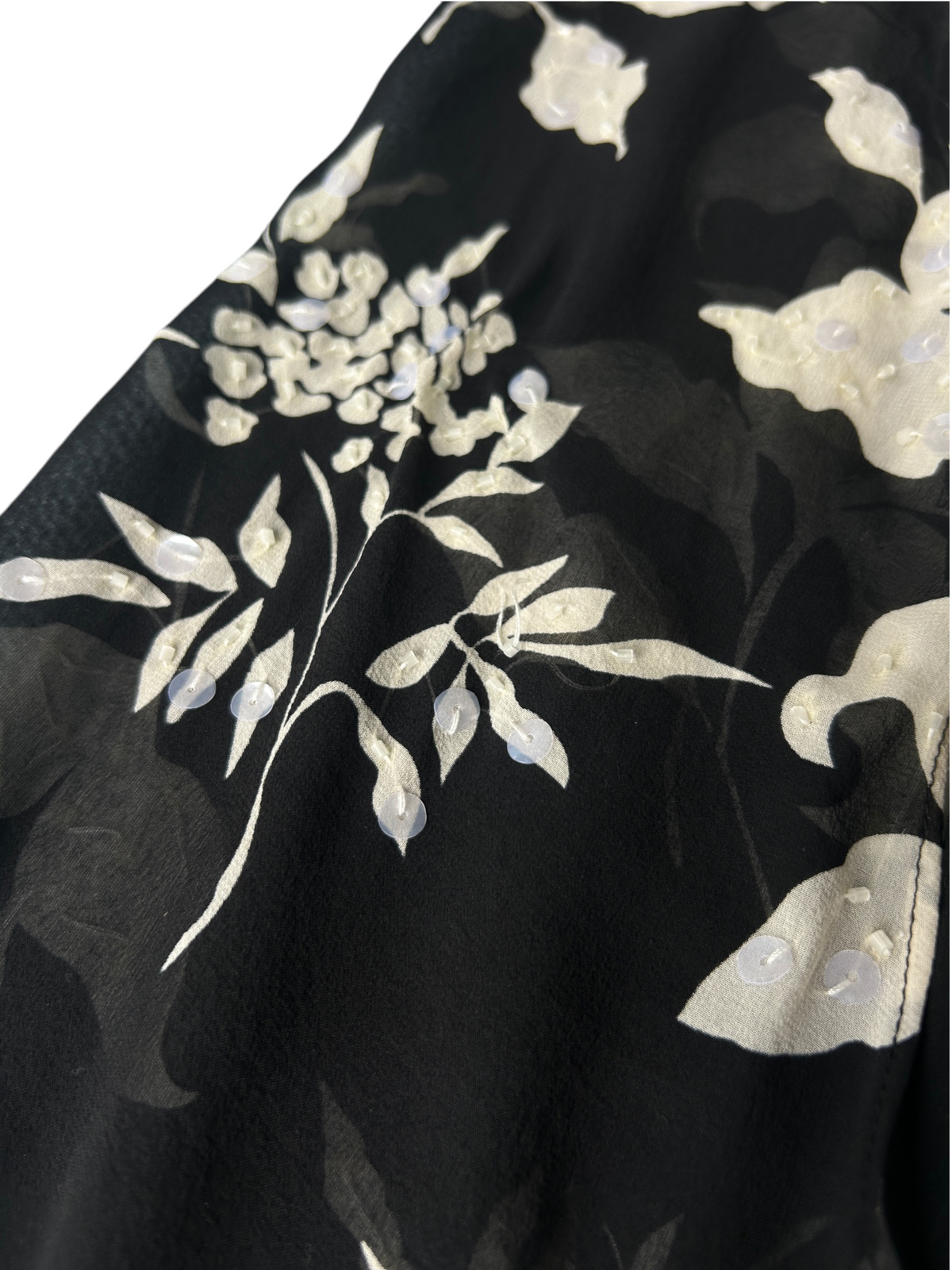 90s Black & White Silk Floral Sequin Beaded Bell-Sleeve Top (XL)