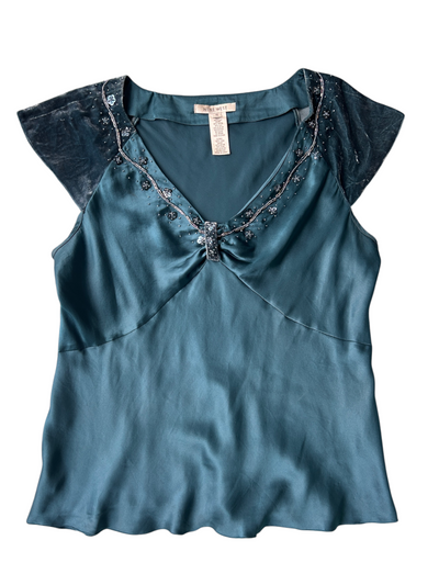 90s Nine West Teal Silk Top with Velvet Cap Sleeves (Plus Size)