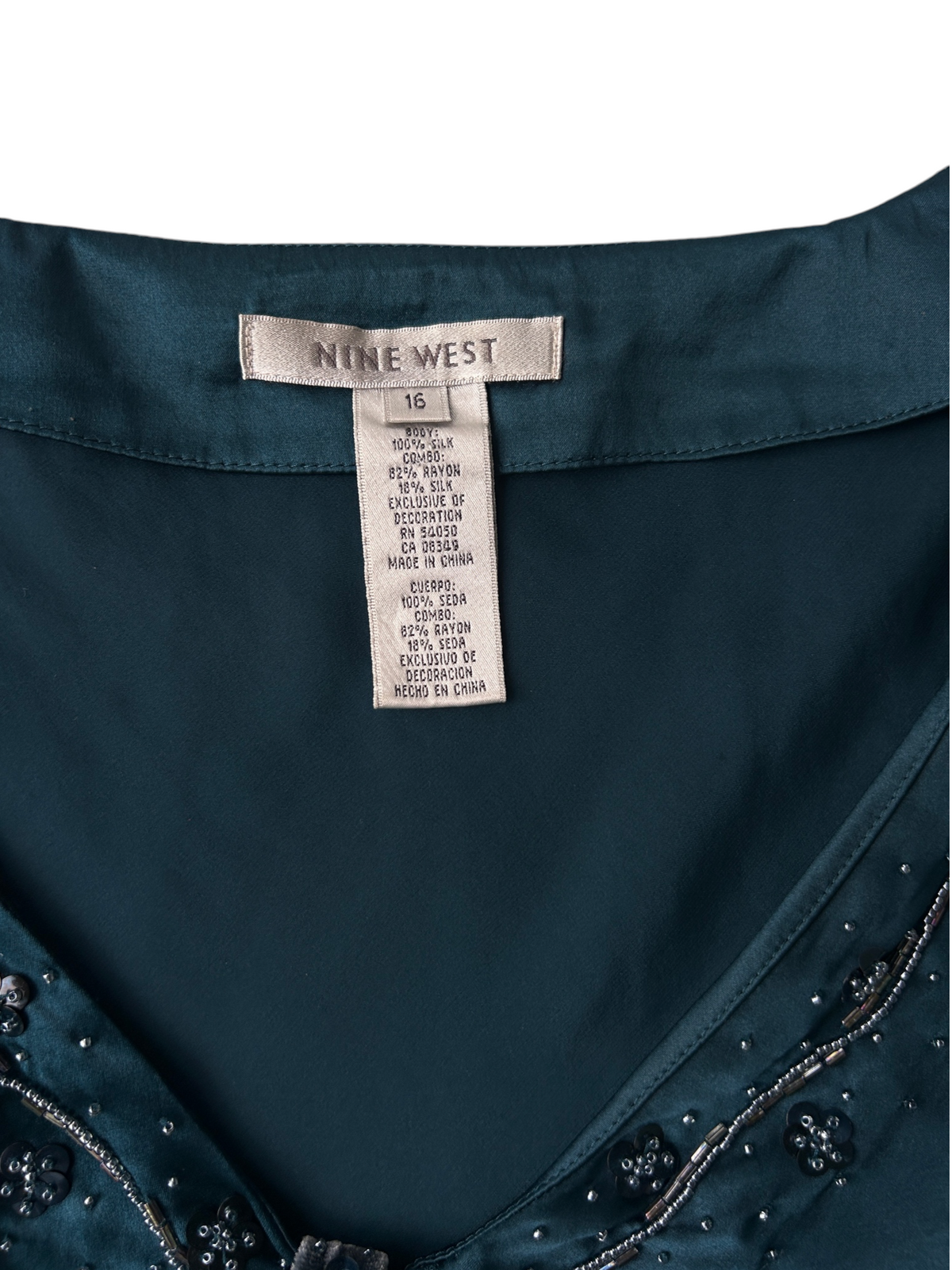 90s Nine West Teal Silk Top with Velvet Cap Sleeves (Plus Size)