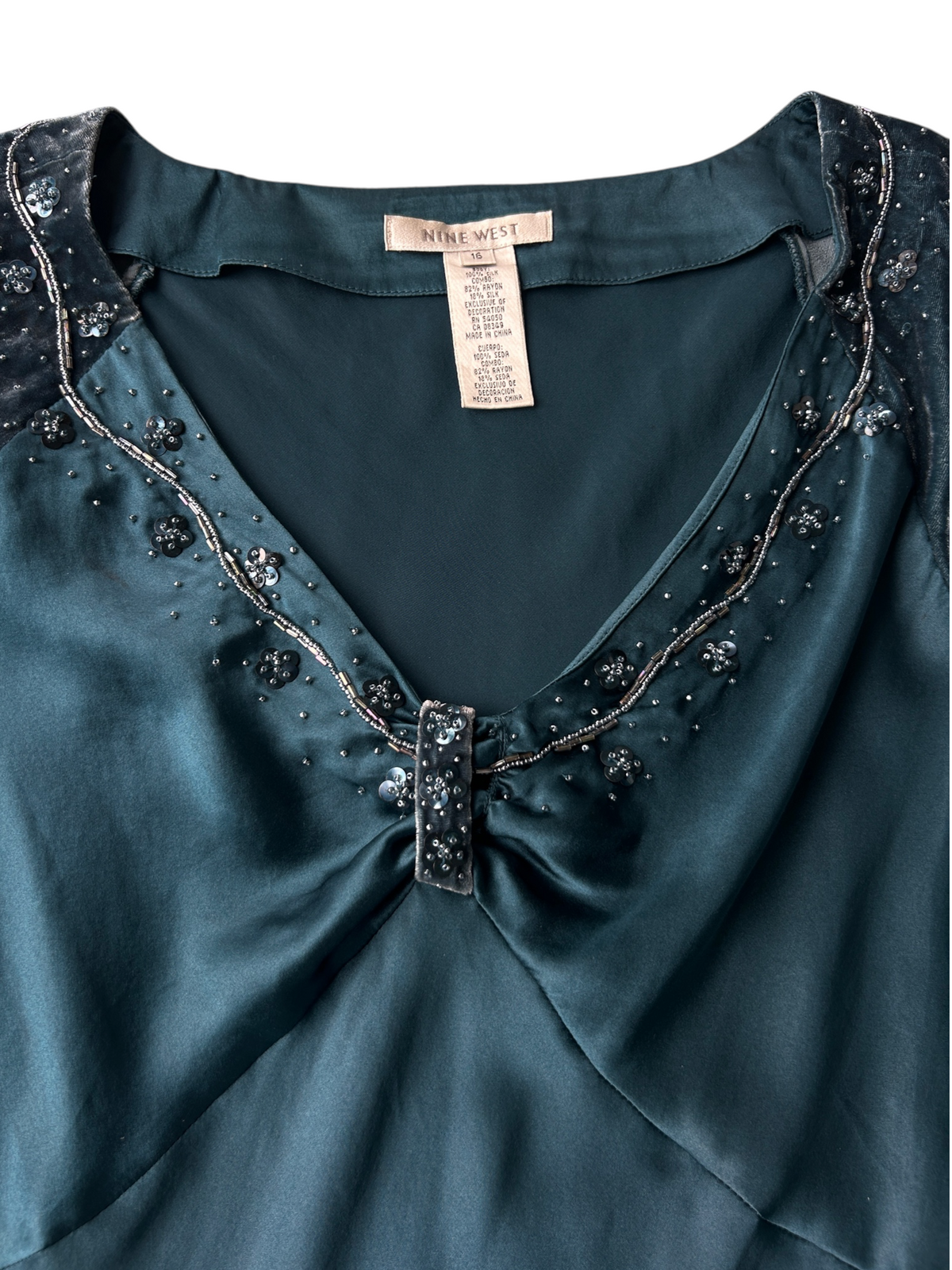 90s Nine West Teal Silk Top with Velvet Cap Sleeves (Plus Size)
