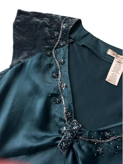 90s Nine West Teal Silk Top with Velvet Cap Sleeves (Plus Size)