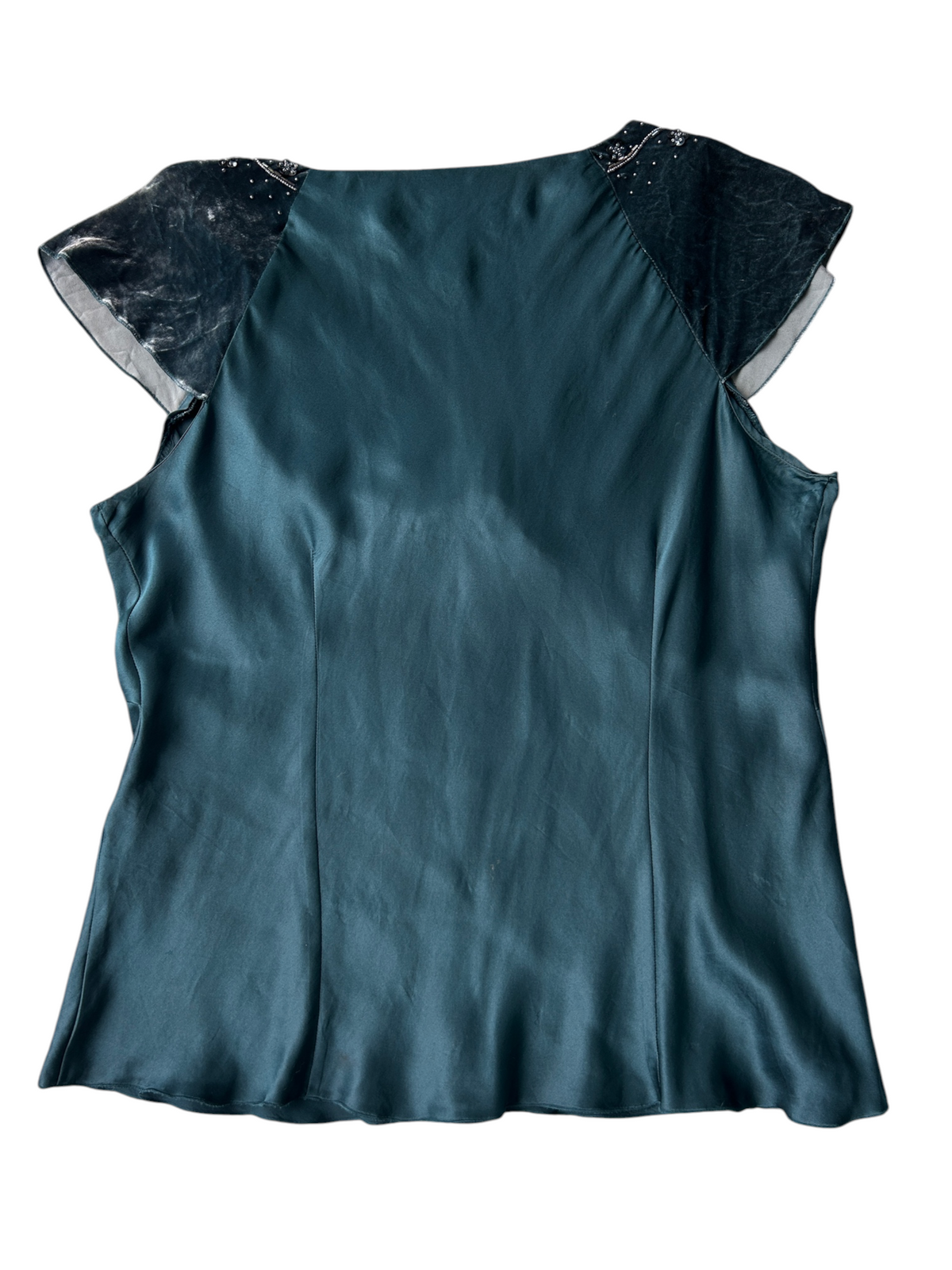 90s Nine West Teal Silk Top with Velvet Cap Sleeves (Plus Size)