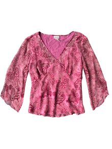90s Pink Paisley Silk Sequin-Trim Bell-Sleeve Top (XL)