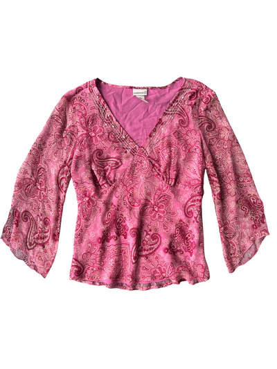 90s Pink Paisley Silk Sequin-Trim Bell-Sleeve Top (XL)