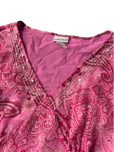90s Pink Paisley Silk Sequin-Trim Bell-Sleeve Top (XL)