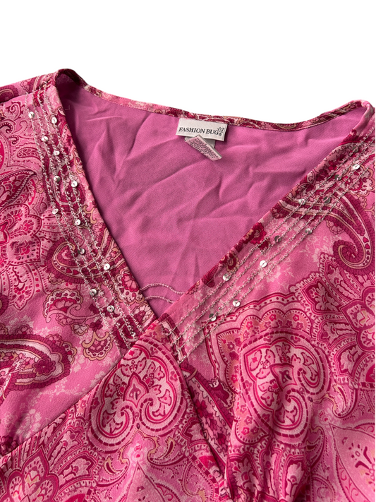 90s Pink Paisley Silk Sequin-Trim Bell-Sleeve Top (XL)