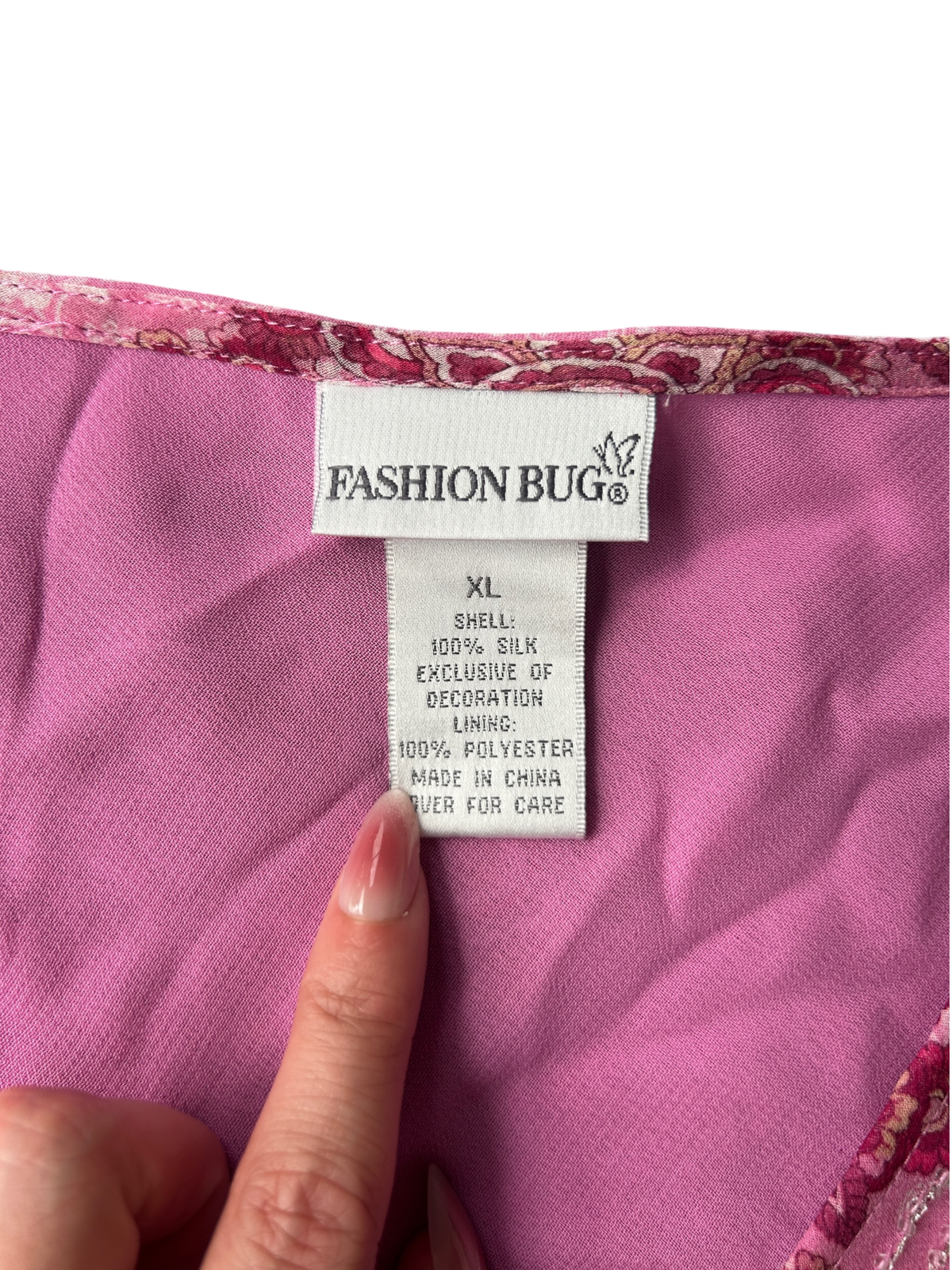 90s Pink Paisley Silk Sequin-Trim Bell-Sleeve Top (XL)