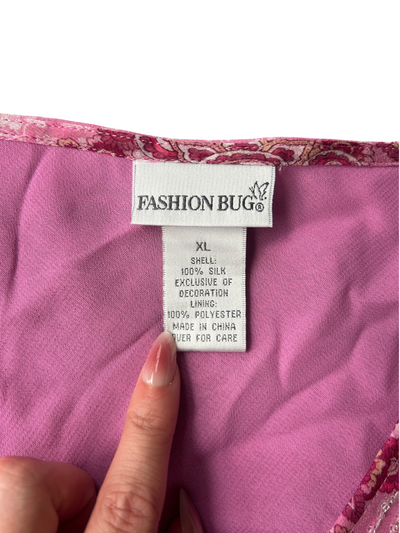 90s Pink Paisley Silk Sequin-Trim Bell-Sleeve Top (XL)