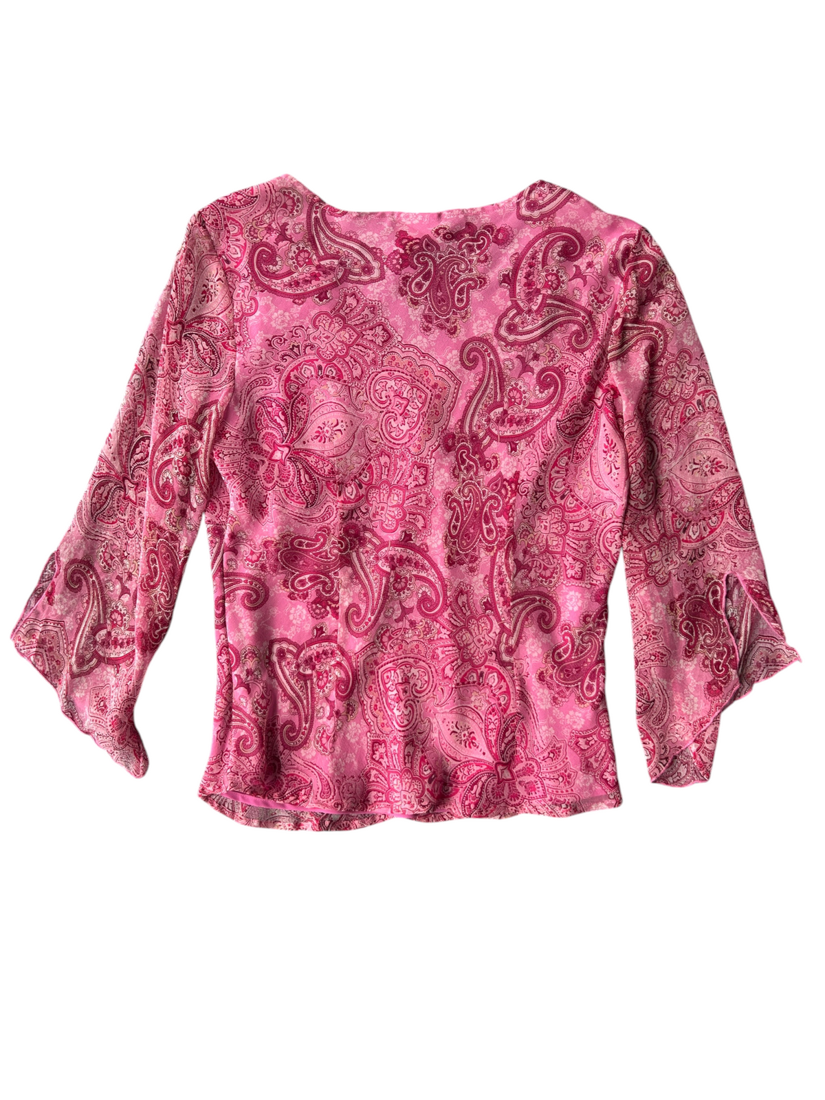 90s Pink Paisley Silk Sequin-Trim Bell-Sleeve Top (XL)