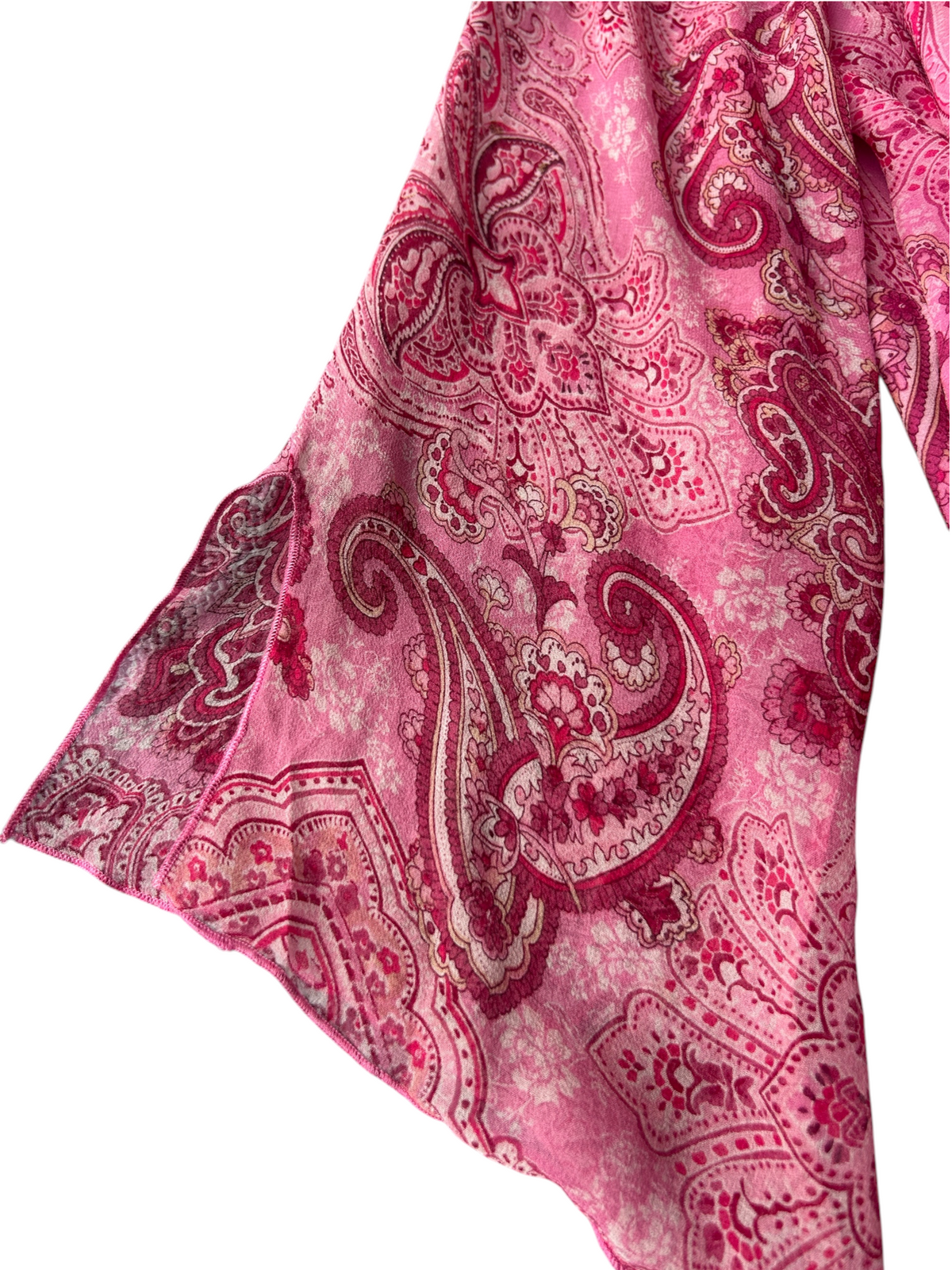 90s Pink Paisley Silk Sequin-Trim Bell-Sleeve Top (XL)