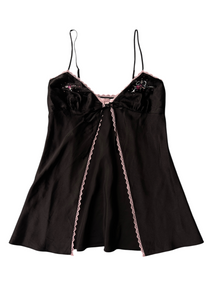 Y2k Victoria's Secret Black Beaded Tie-Front Slip with Pink Lace Trim (S)
