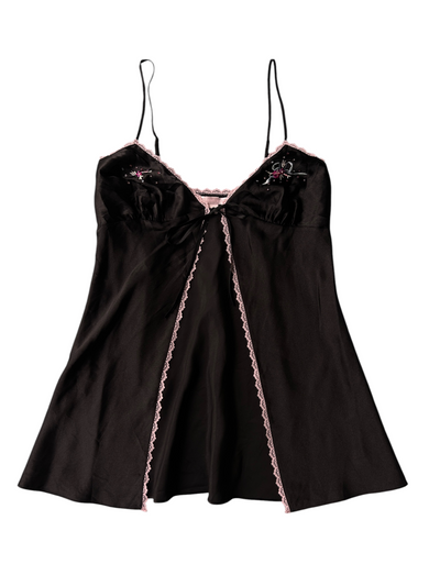 Y2k Victoria's Secret Black Beaded Tie-Front Slip with Pink Lace Trim (S)
