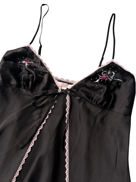 Y2k Victoria's Secret Black Beaded Tie-Front Slip with Pink Lace Trim (S)