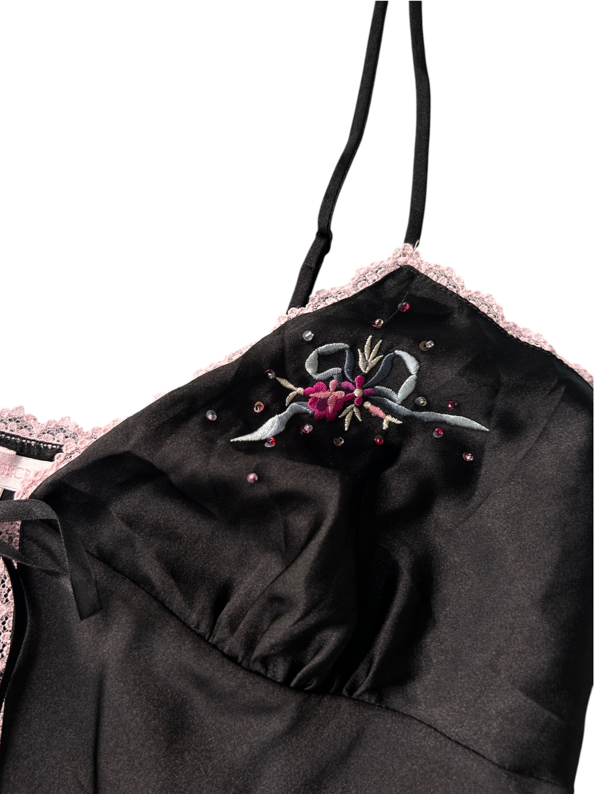 Y2k Victoria's Secret Black Beaded Tie-Front Slip with Pink Lace Trim (S)