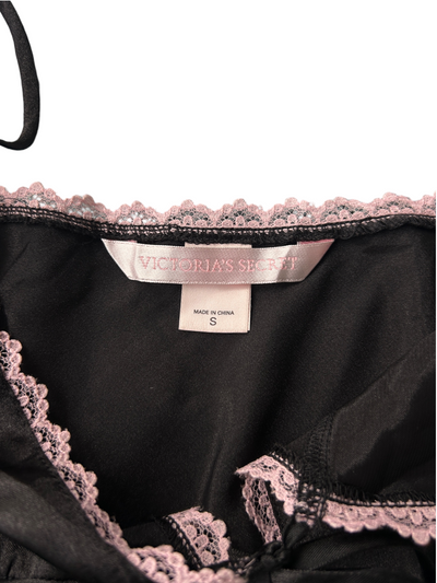Y2k Victoria's Secret Black Beaded Tie-Front Slip with Pink Lace Trim (S)