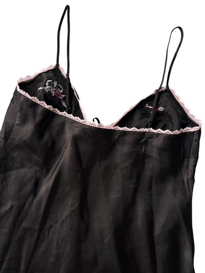 Y2k Victoria's Secret Black Beaded Tie-Front Slip with Pink Lace Trim (S)