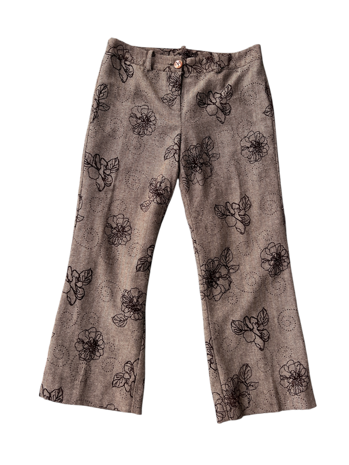 Y2k Tan Herringbone Tweed Floral Flare Trousers (M)