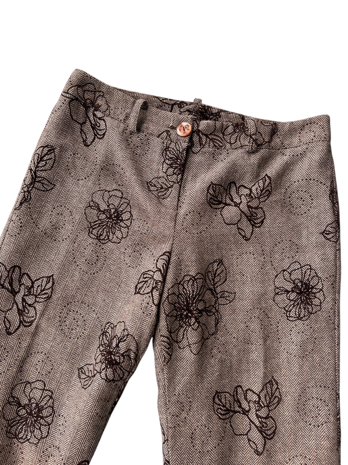 Y2k Tan Herringbone Tweed Floral Flare Trousers (M)