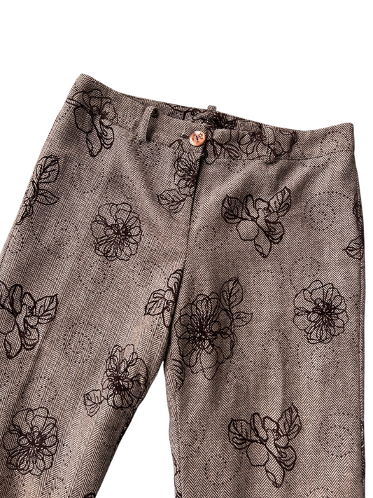 Y2k Tan Herringbone Tweed Floral Flare Trousers (M)