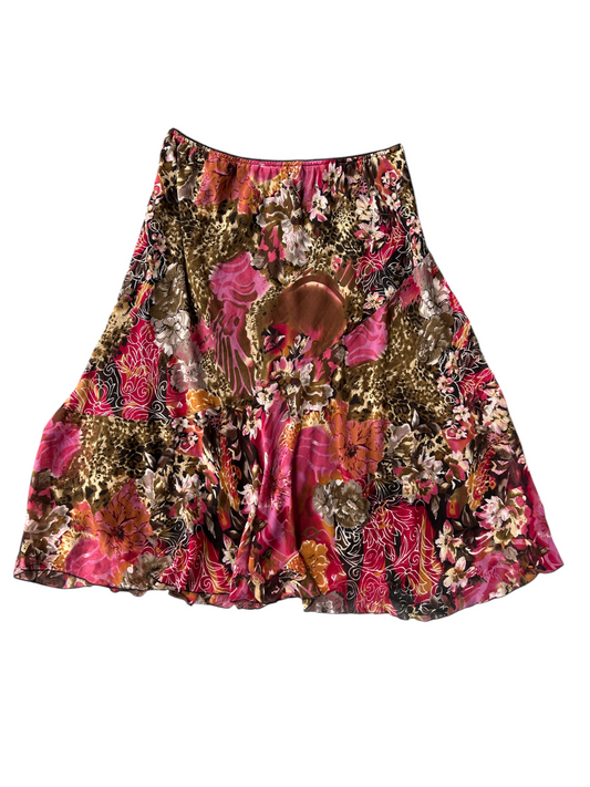 Y2k Pink & Brown Floral Leopard Print Flared Skirt (Plus Size)