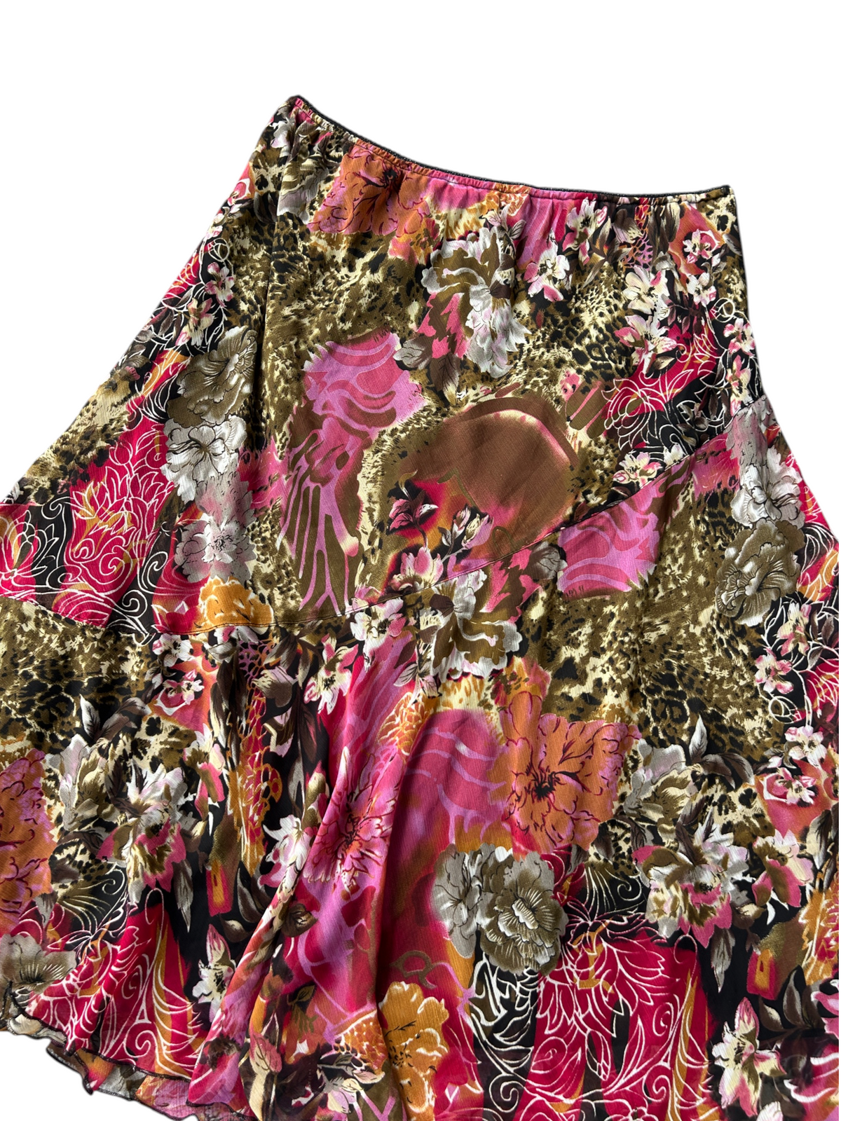 Y2k Pink & Brown Floral Leopard Print Flared Skirt (Plus Size)