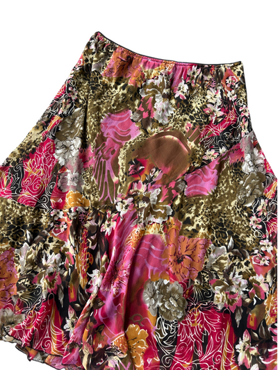 Y2k Pink & Brown Floral Leopard Print Flared Skirt (Plus Size)