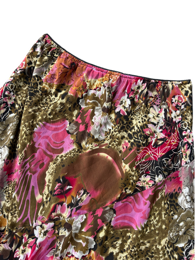 Y2k Pink & Brown Floral Leopard Print Flared Skirt (Plus Size)
