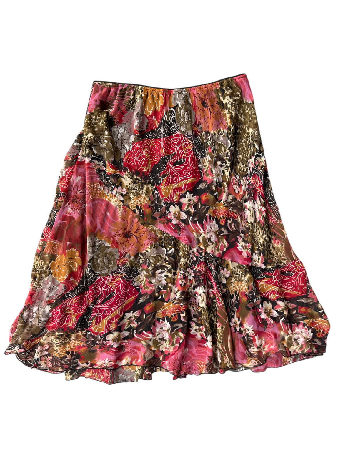 Y2k Pink & Brown Floral Leopard Print Flared Skirt (Plus Size)