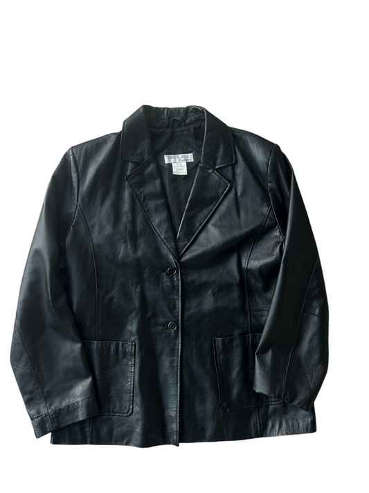 90s Black Leather Three-Button Blazer (Plus Size)