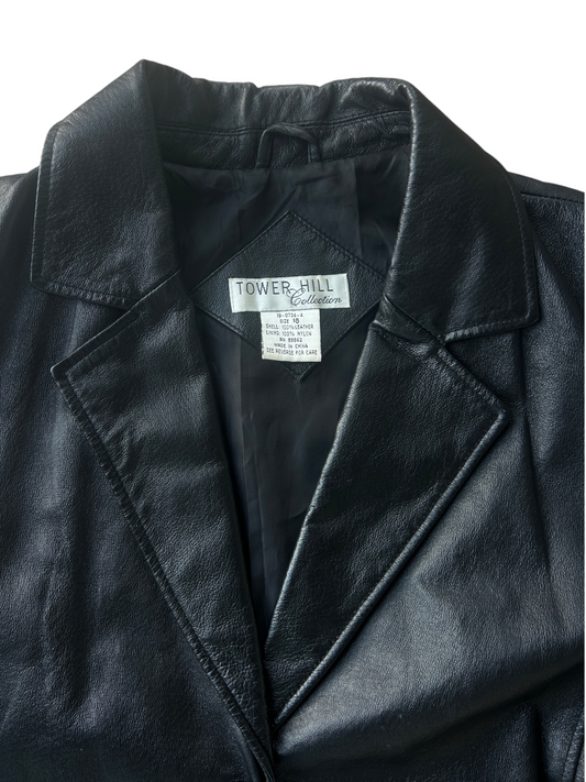 90s Black Leather Three-Button Blazer (Plus Size)