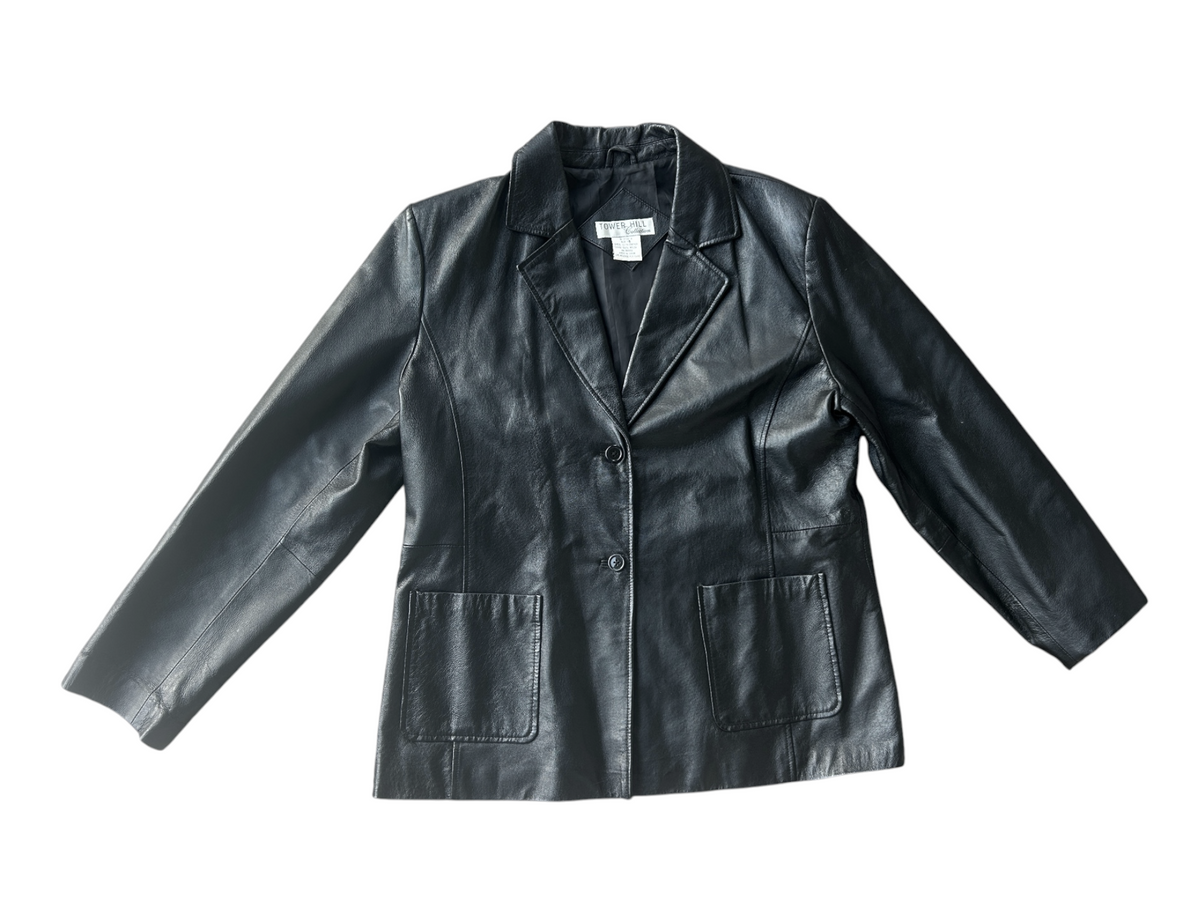 90s Black Leather Three-Button Blazer (Plus Size)