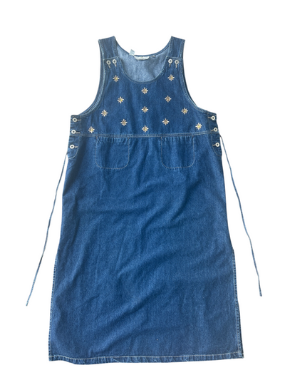 90s Dark Wash Denim Daisy Embroidered Overall Dress (Plus Size)