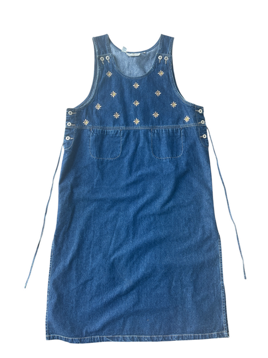 90s Dark Wash Denim Daisy Embroidered Overall Dress (Plus Size)