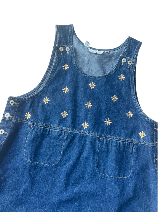 90s Dark Wash Denim Daisy Embroidered Overall Dress (Plus Size)