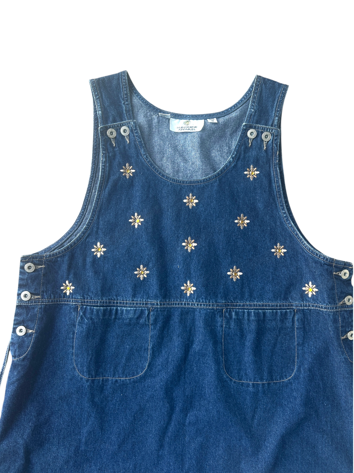 90s Dark Wash Denim Daisy Embroidered Overall Dress (Plus Size)