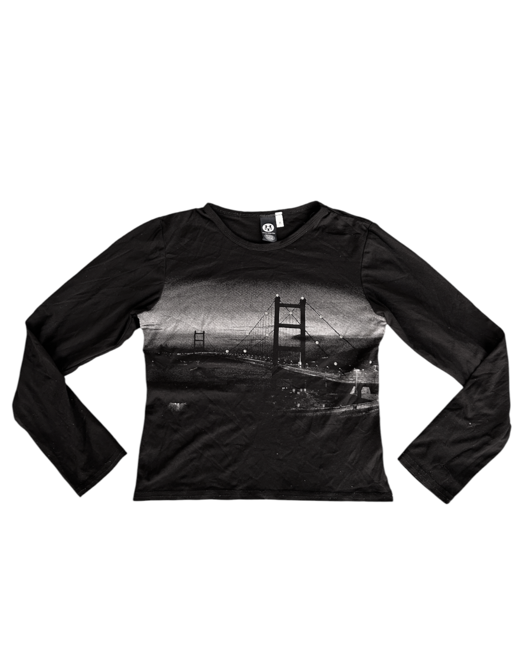 Y2k Black Mesh Long Sleeve Top with Golden Gate Bridge/Suspension Bridge Print (M)