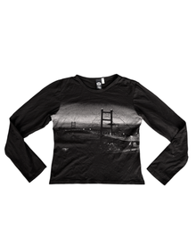 Y2k Black Mesh Long Sleeve Top with Golden Gate Bridge/Suspension Bridge Print (M)