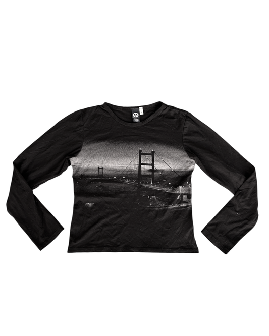 Y2k Black Mesh Long Sleeve Top with Golden Gate Bridge/Suspension Bridge Print (M)