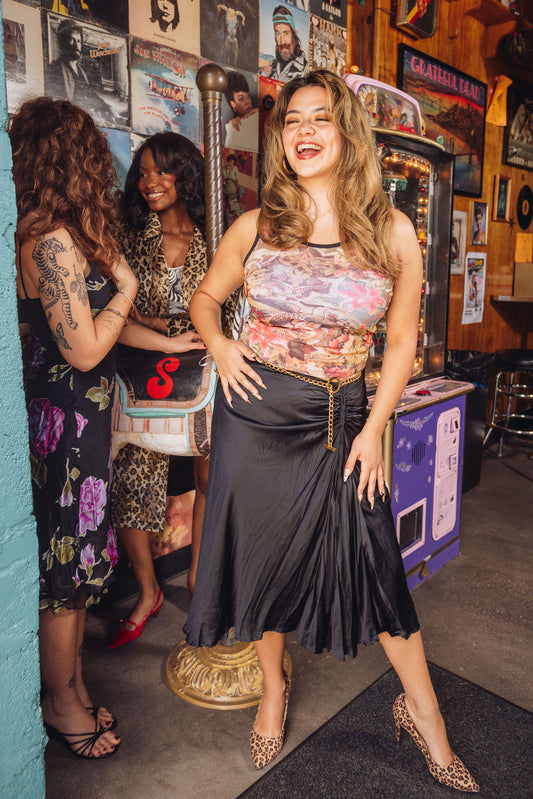 Y2k Black Silk Ruched High-Low Midi Skirt (L)